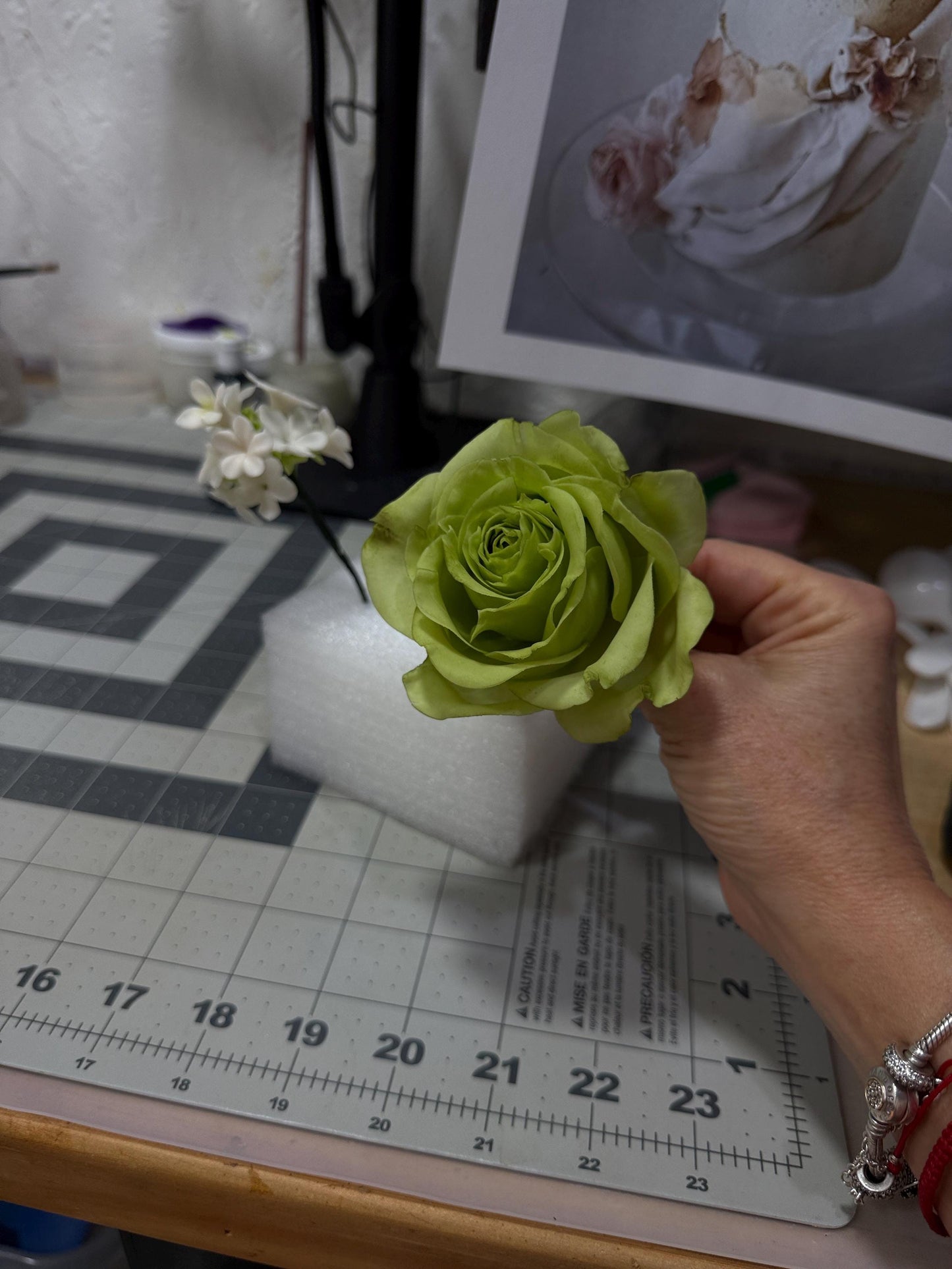 Edible Green Rose with Stephanoties Flowers, Cake Topper Arrangement, flexible Paste decorations/Gumepaste wedding and Birthday cake Topper