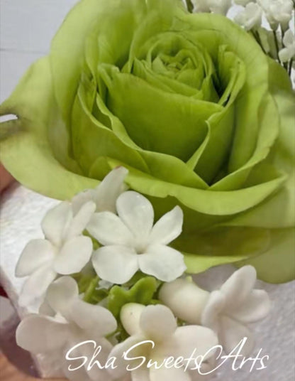 Edible Green Rose with Stephanoties Flowers, Cake Topper Arrangement, flexible Paste decorations/Gumepaste wedding and Birthday cake Topper