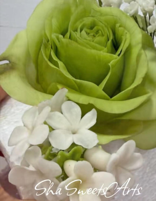 Edible Green Rose with Stephanoties Flowers, Cake Topper Arrangement, flexible Paste decorations/Gumepaste wedding and Birthday cake Topper